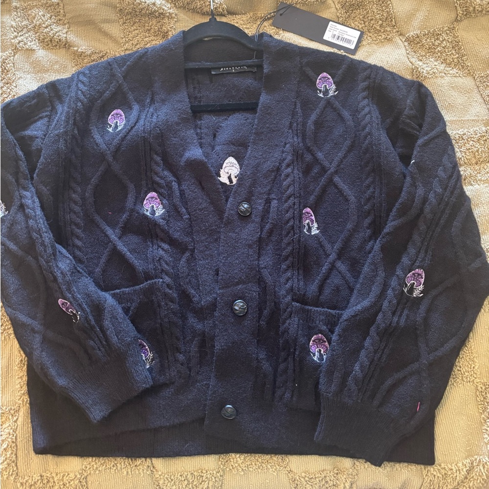 Disturbia Black Cardigan with Purple Mushroom Embroidery